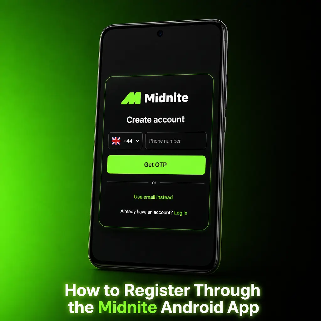 Step-by-step screenshot guide showing how to register on the Midnite Android app in under three minutes.
